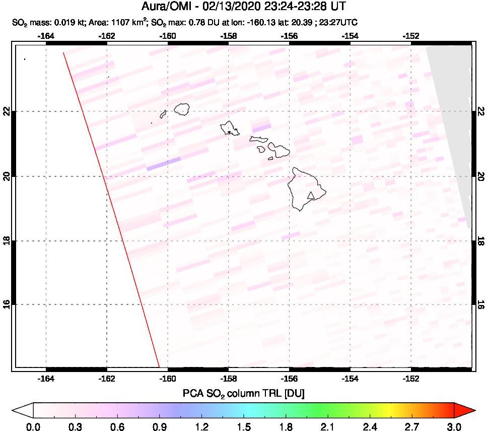 A sulfur dioxide image over Hawaii, USA on Feb 13, 2020.
