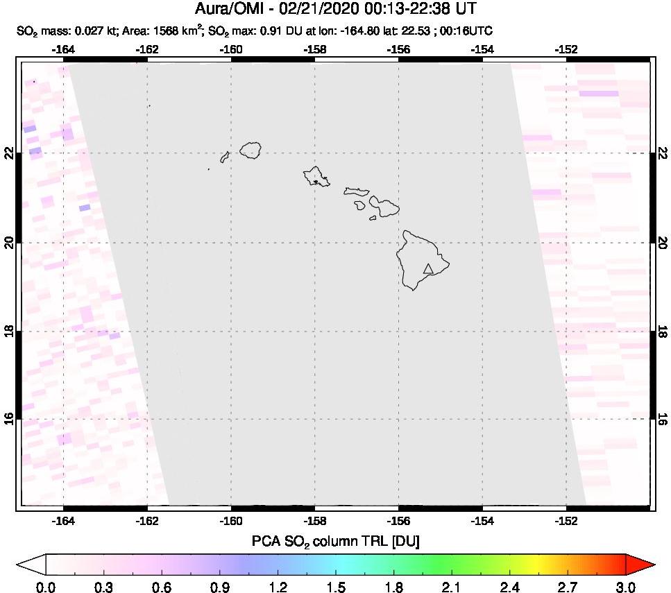 A sulfur dioxide image over Hawaii, USA on Feb 21, 2020.