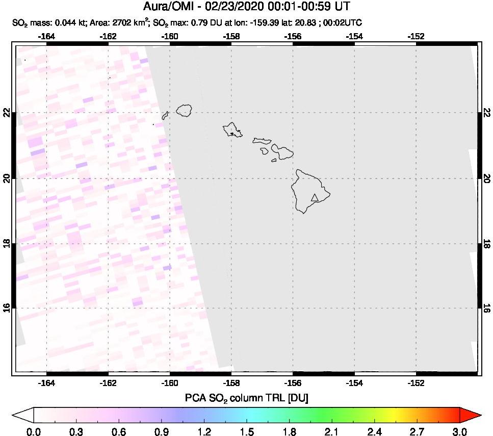 A sulfur dioxide image over Hawaii, USA on Feb 23, 2020.