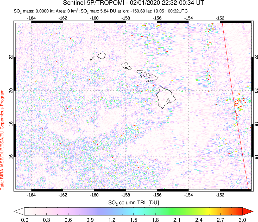 A sulfur dioxide image over Hawaii, USA on Feb 01, 2020.