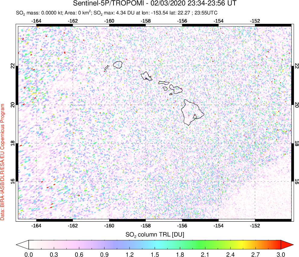 A sulfur dioxide image over Hawaii, USA on Feb 03, 2020.