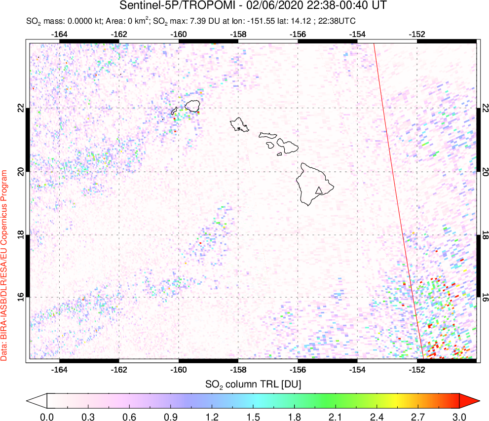 A sulfur dioxide image over Hawaii, USA on Feb 06, 2020.