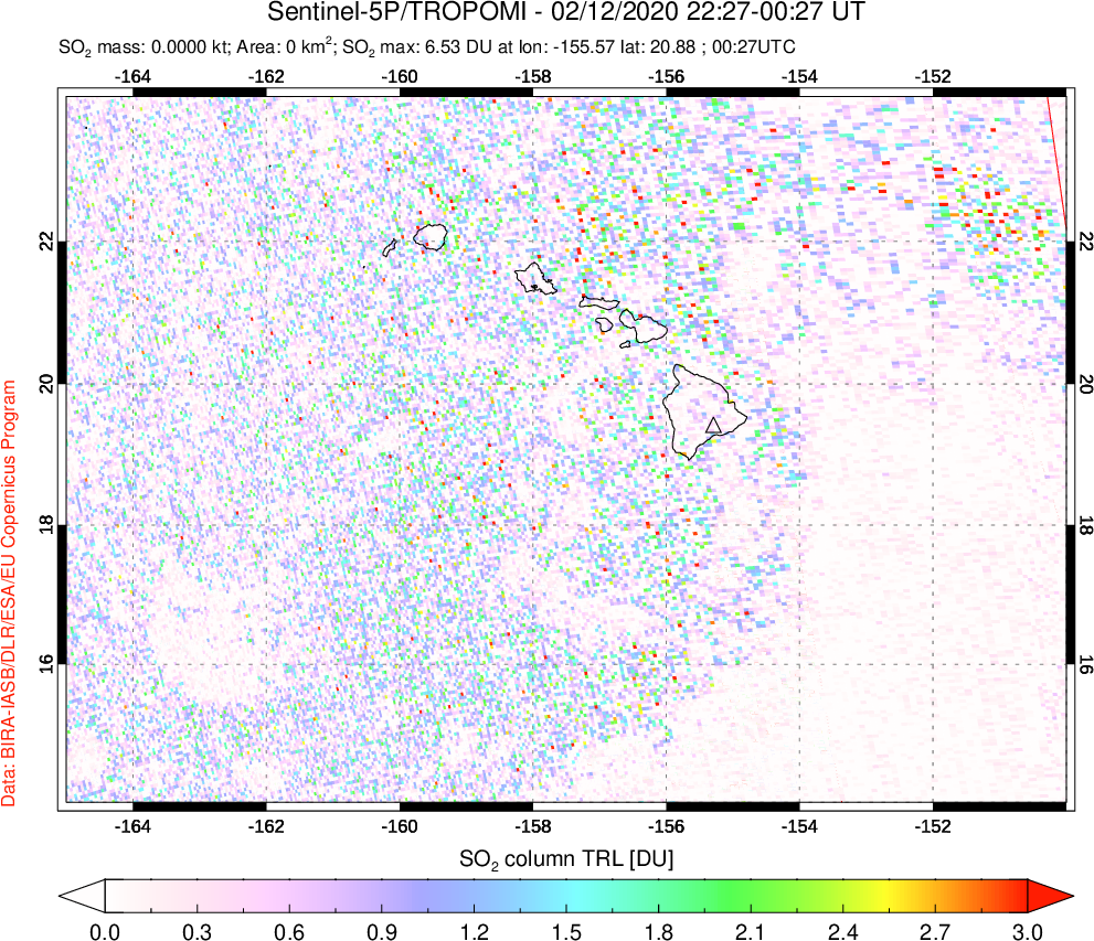 A sulfur dioxide image over Hawaii, USA on Feb 12, 2020.