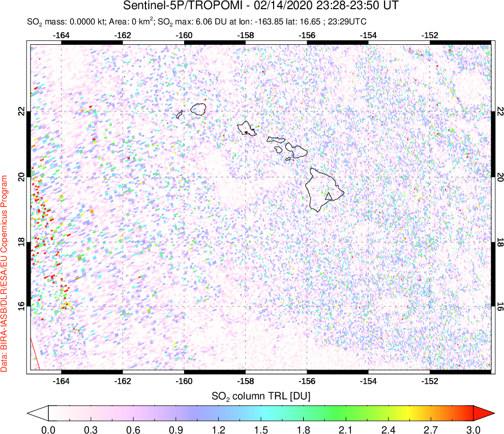 A sulfur dioxide image over Hawaii, USA on Feb 14, 2020.