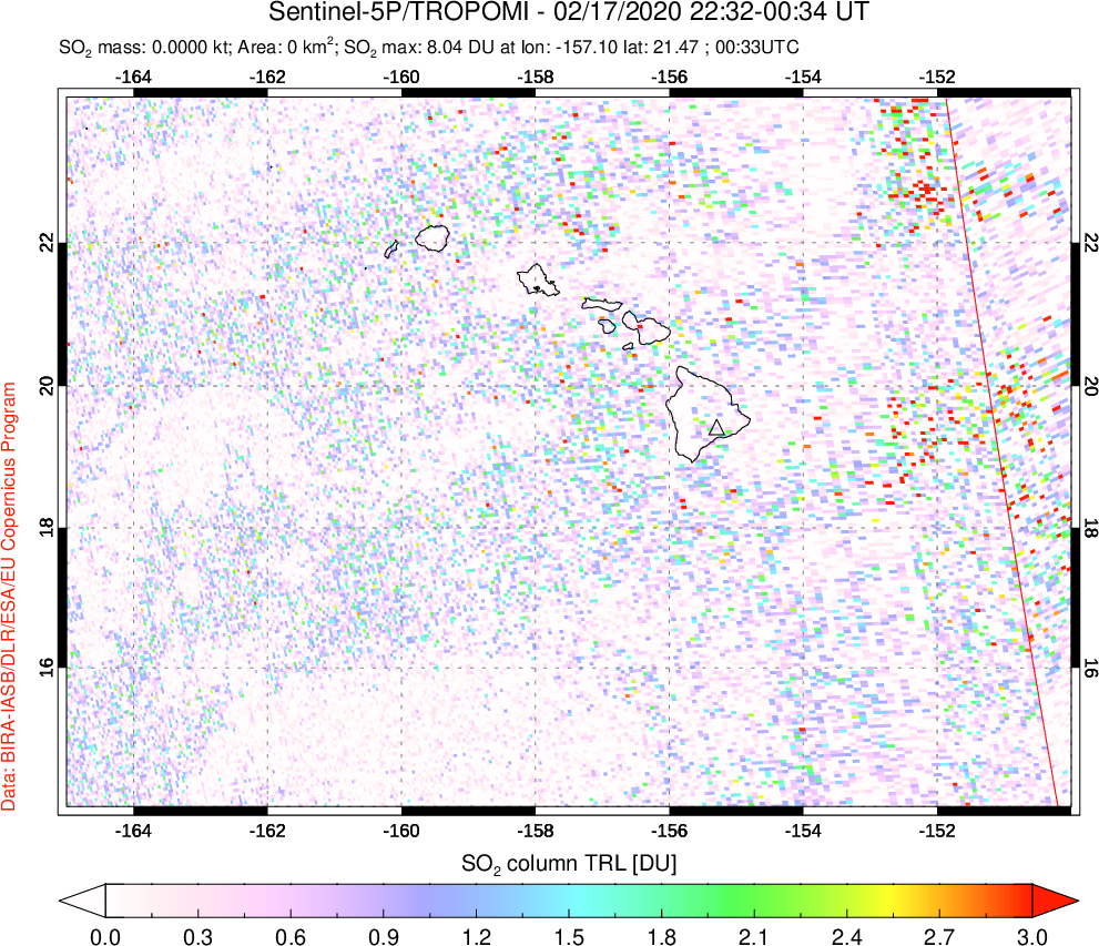 A sulfur dioxide image over Hawaii, USA on Feb 17, 2020.