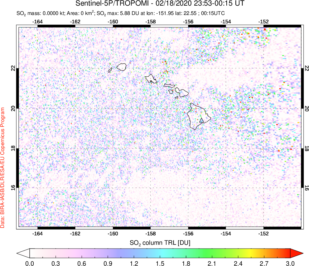 A sulfur dioxide image over Hawaii, USA on Feb 18, 2020.