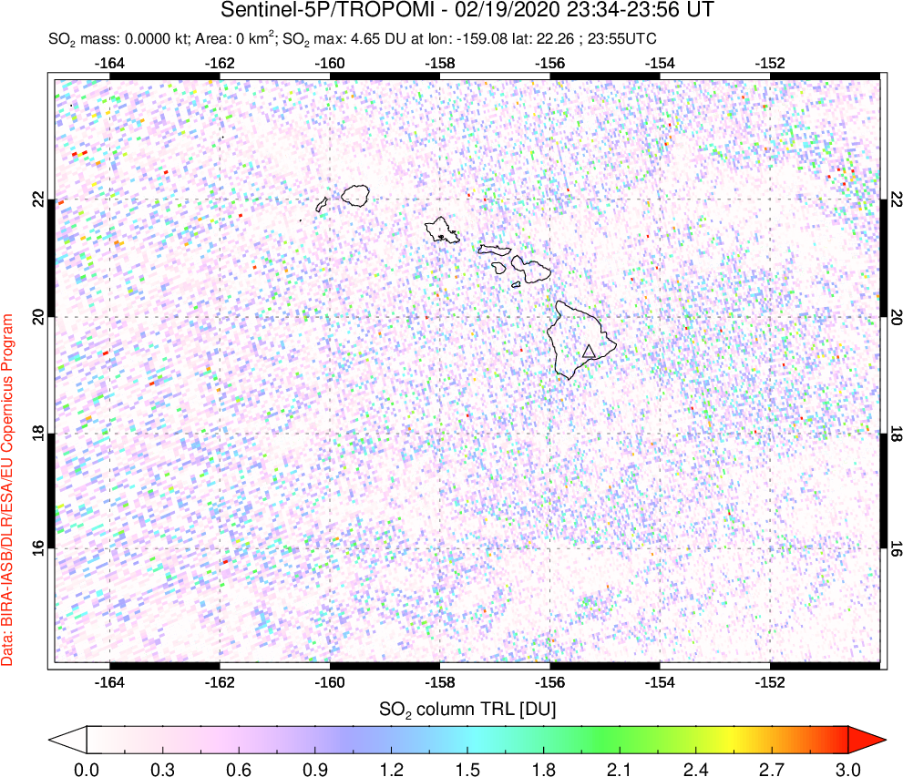 A sulfur dioxide image over Hawaii, USA on Feb 19, 2020.