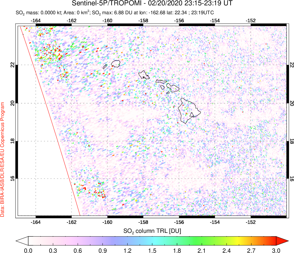 A sulfur dioxide image over Hawaii, USA on Feb 20, 2020.