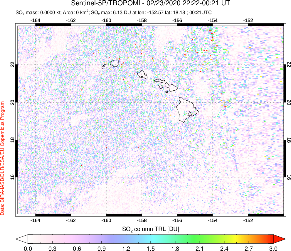 A sulfur dioxide image over Hawaii, USA on Feb 23, 2020.