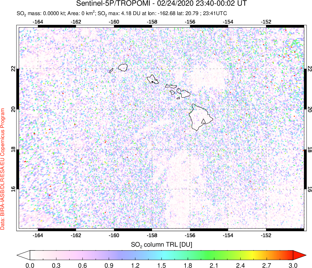 A sulfur dioxide image over Hawaii, USA on Feb 24, 2020.
