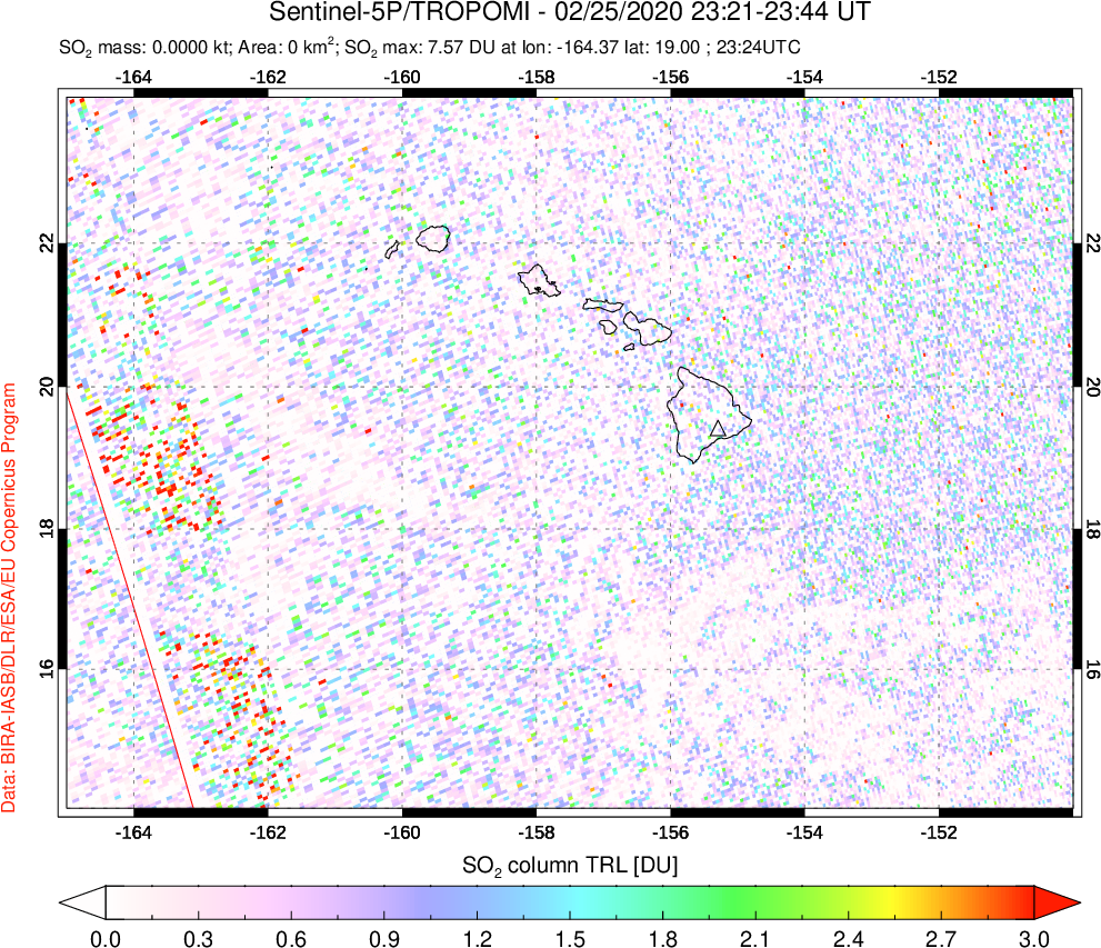 A sulfur dioxide image over Hawaii, USA on Feb 25, 2020.