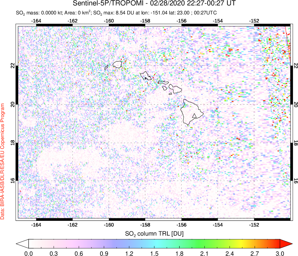 A sulfur dioxide image over Hawaii, USA on Feb 28, 2020.