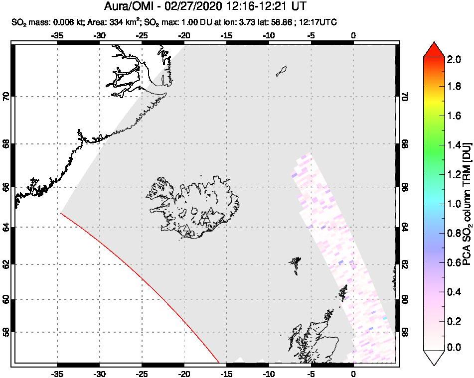 A sulfur dioxide image over Iceland on Feb 27, 2020.