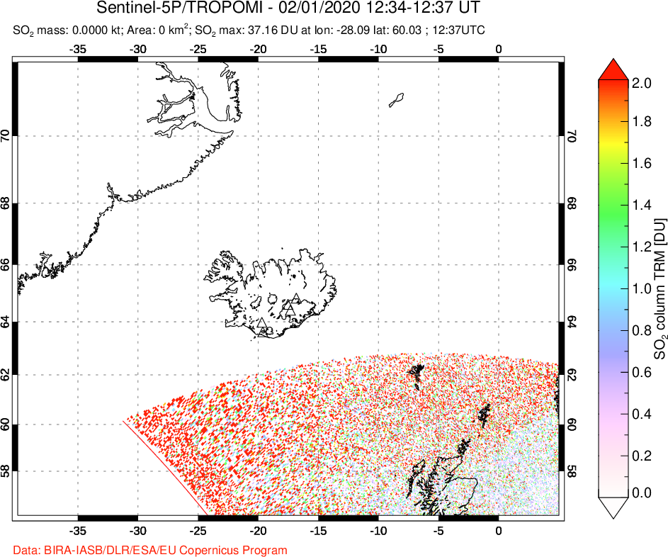 A sulfur dioxide image over Iceland on Feb 01, 2020.