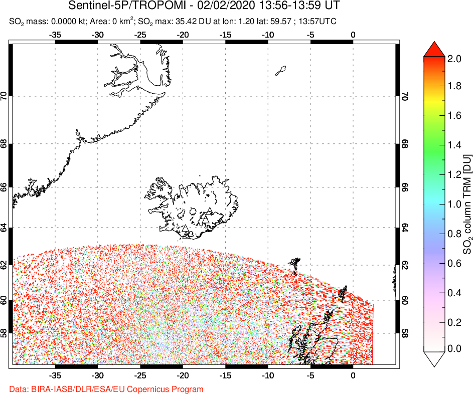 A sulfur dioxide image over Iceland on Feb 02, 2020.