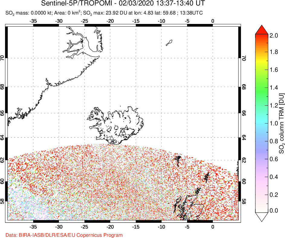 A sulfur dioxide image over Iceland on Feb 03, 2020.