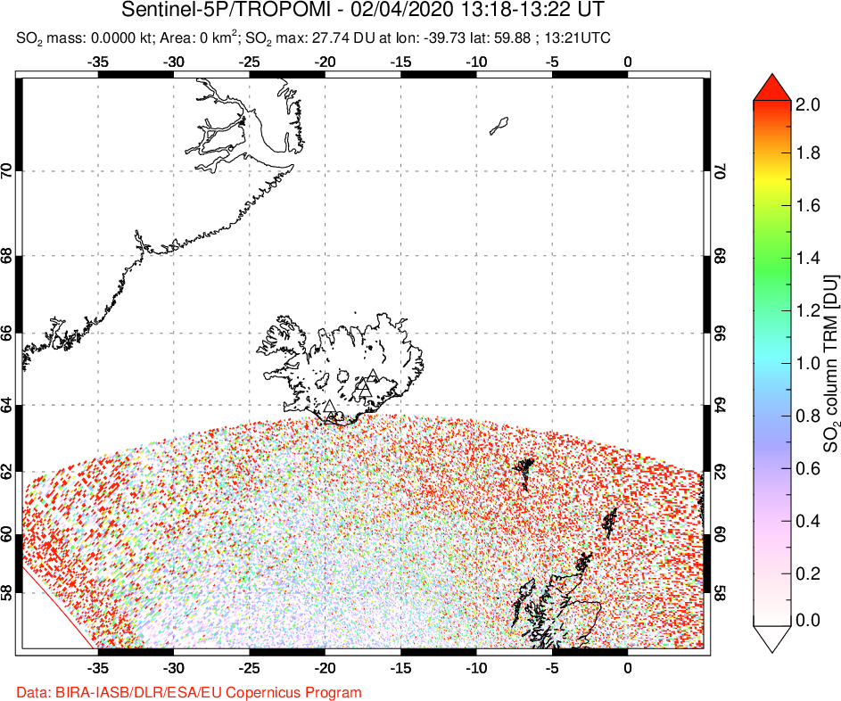 A sulfur dioxide image over Iceland on Feb 04, 2020.