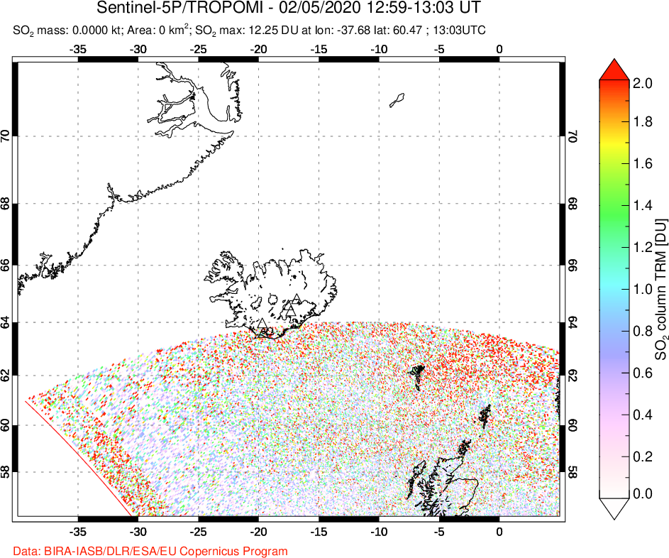 A sulfur dioxide image over Iceland on Feb 05, 2020.