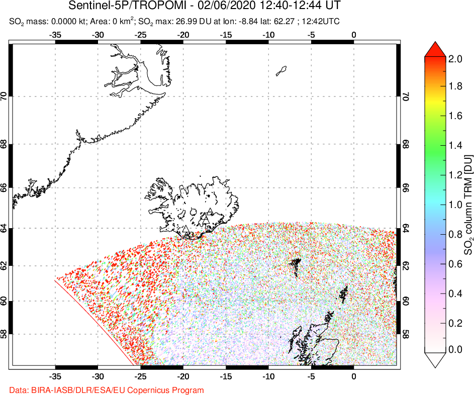 A sulfur dioxide image over Iceland on Feb 06, 2020.