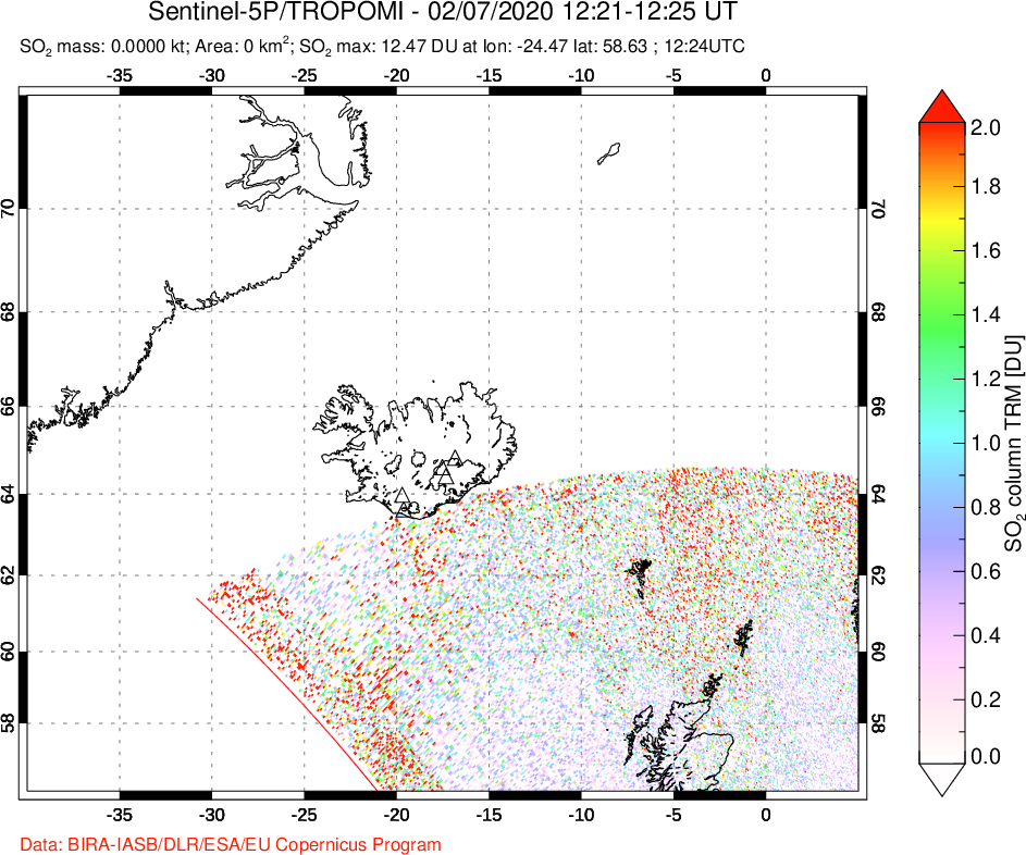 A sulfur dioxide image over Iceland on Feb 07, 2020.