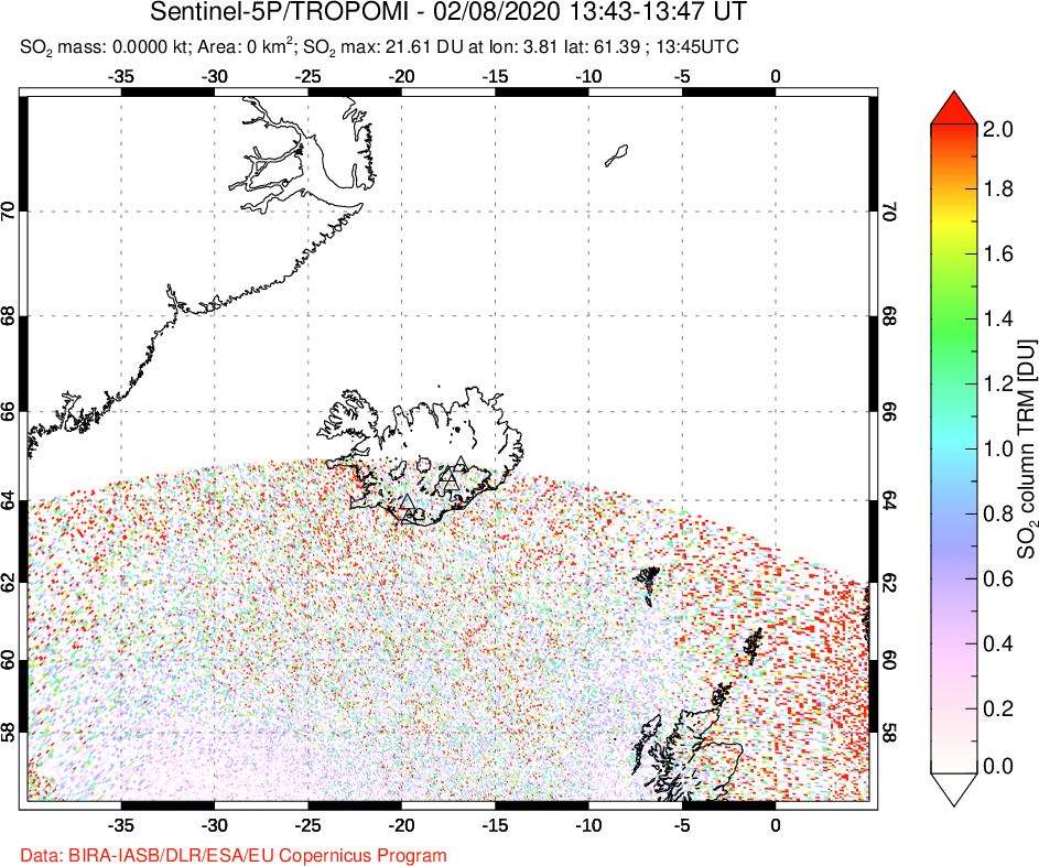 A sulfur dioxide image over Iceland on Feb 08, 2020.