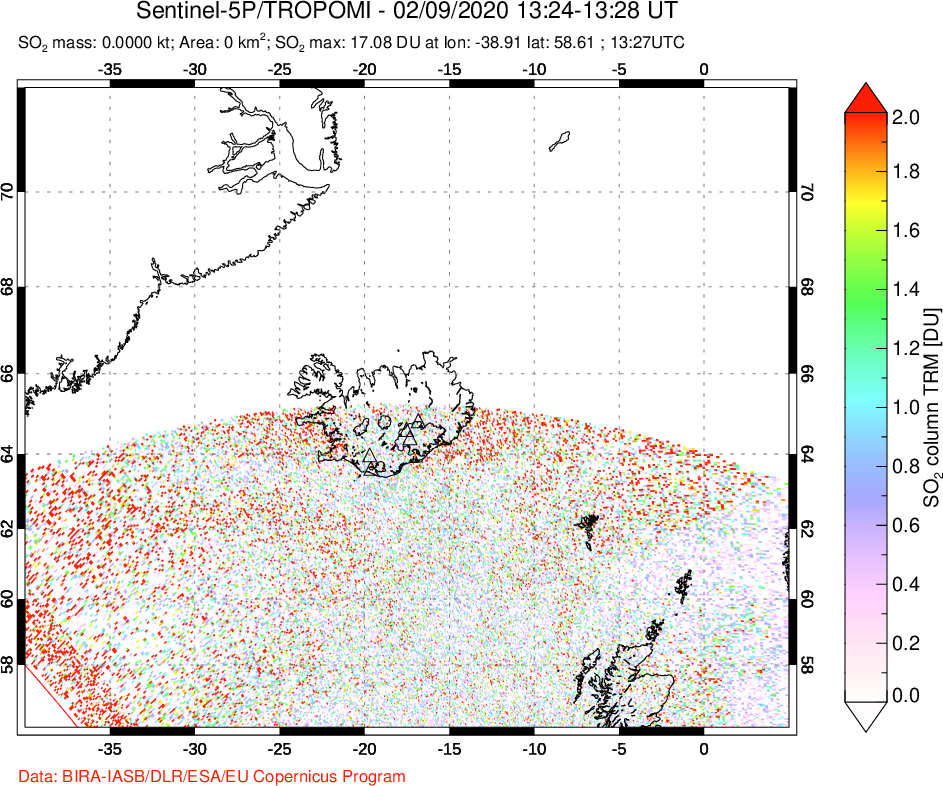 A sulfur dioxide image over Iceland on Feb 09, 2020.
