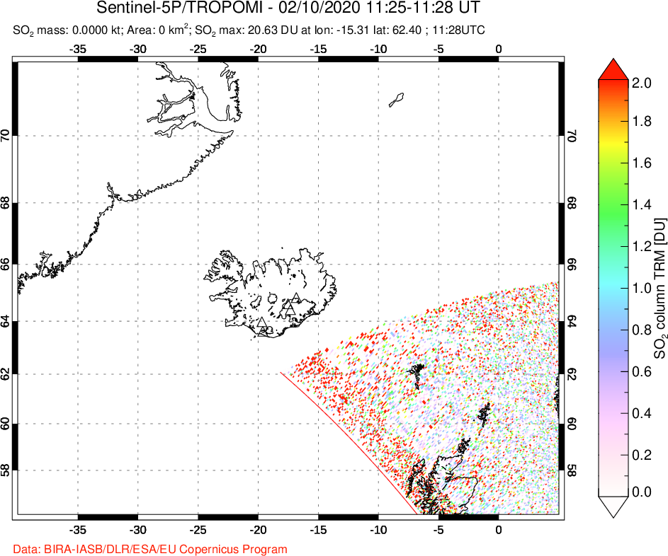 A sulfur dioxide image over Iceland on Feb 10, 2020.