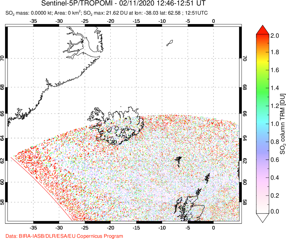 A sulfur dioxide image over Iceland on Feb 11, 2020.