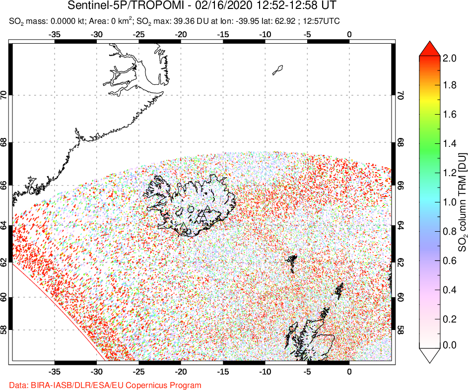 A sulfur dioxide image over Iceland on Feb 16, 2020.