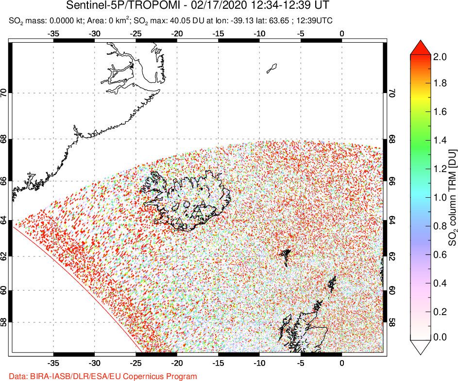 A sulfur dioxide image over Iceland on Feb 17, 2020.