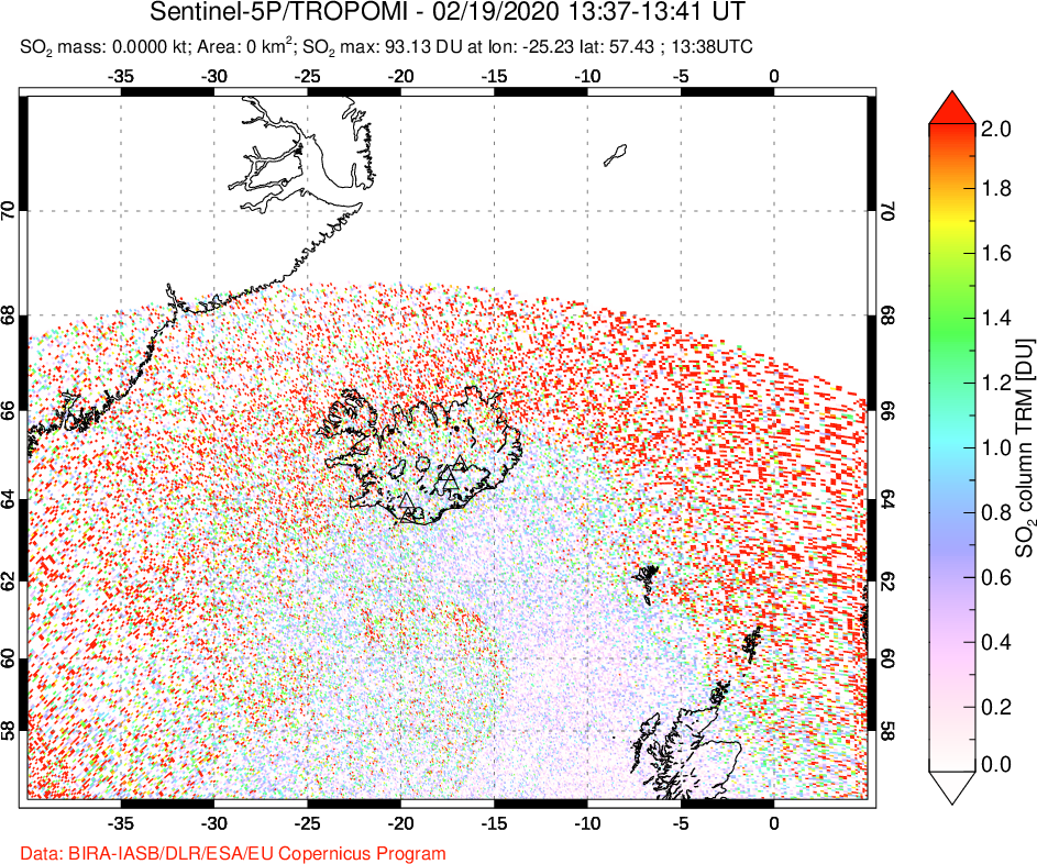 A sulfur dioxide image over Iceland on Feb 19, 2020.