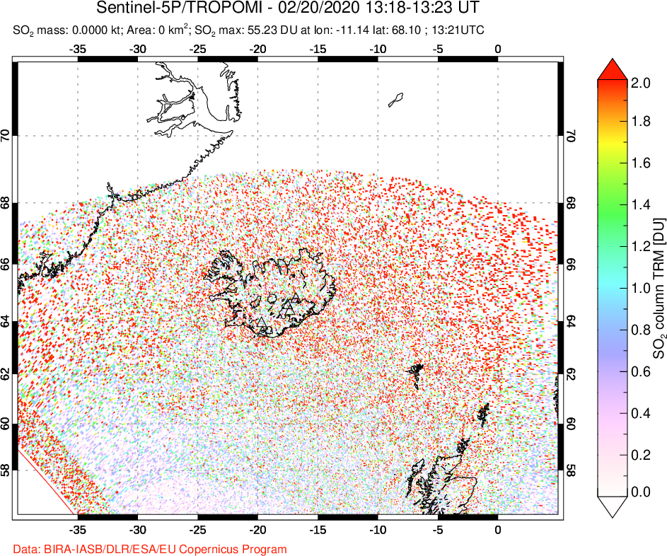A sulfur dioxide image over Iceland on Feb 20, 2020.