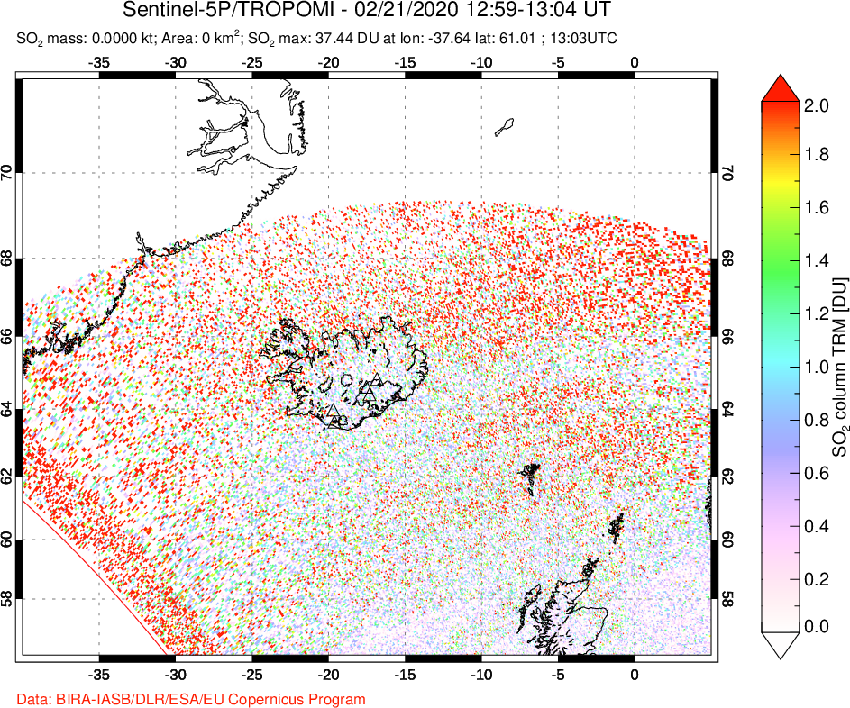 A sulfur dioxide image over Iceland on Feb 21, 2020.