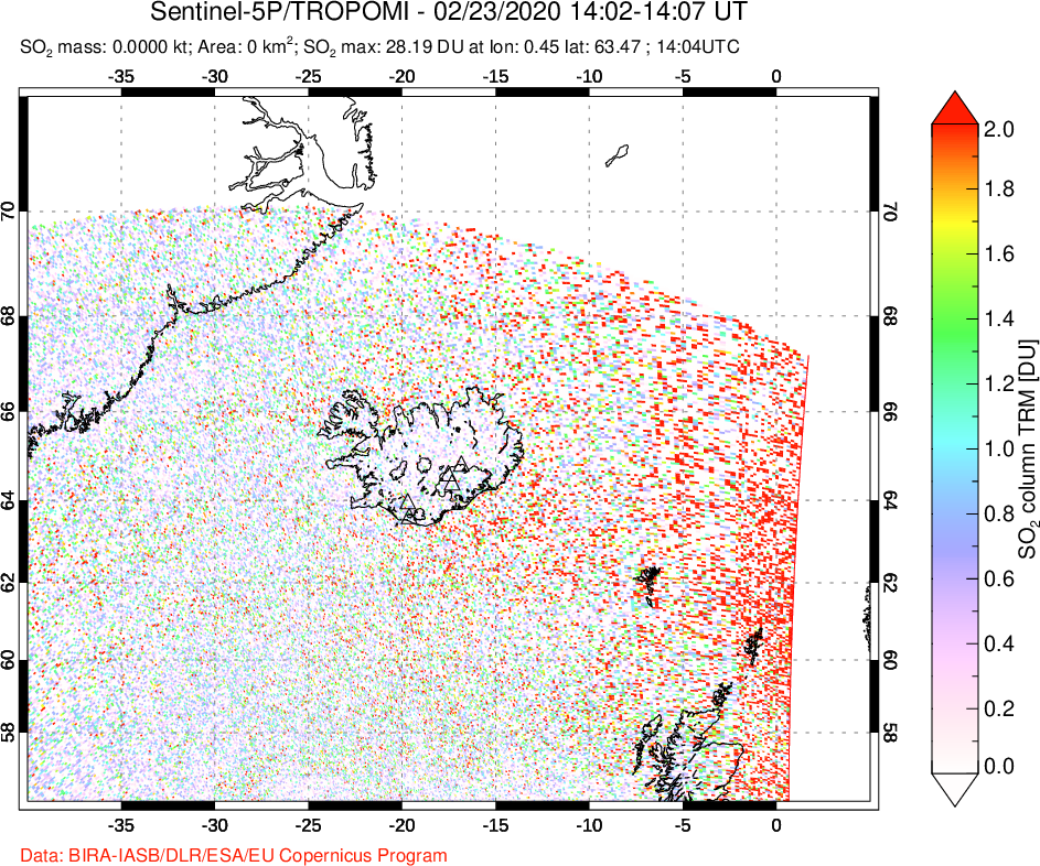 A sulfur dioxide image over Iceland on Feb 23, 2020.