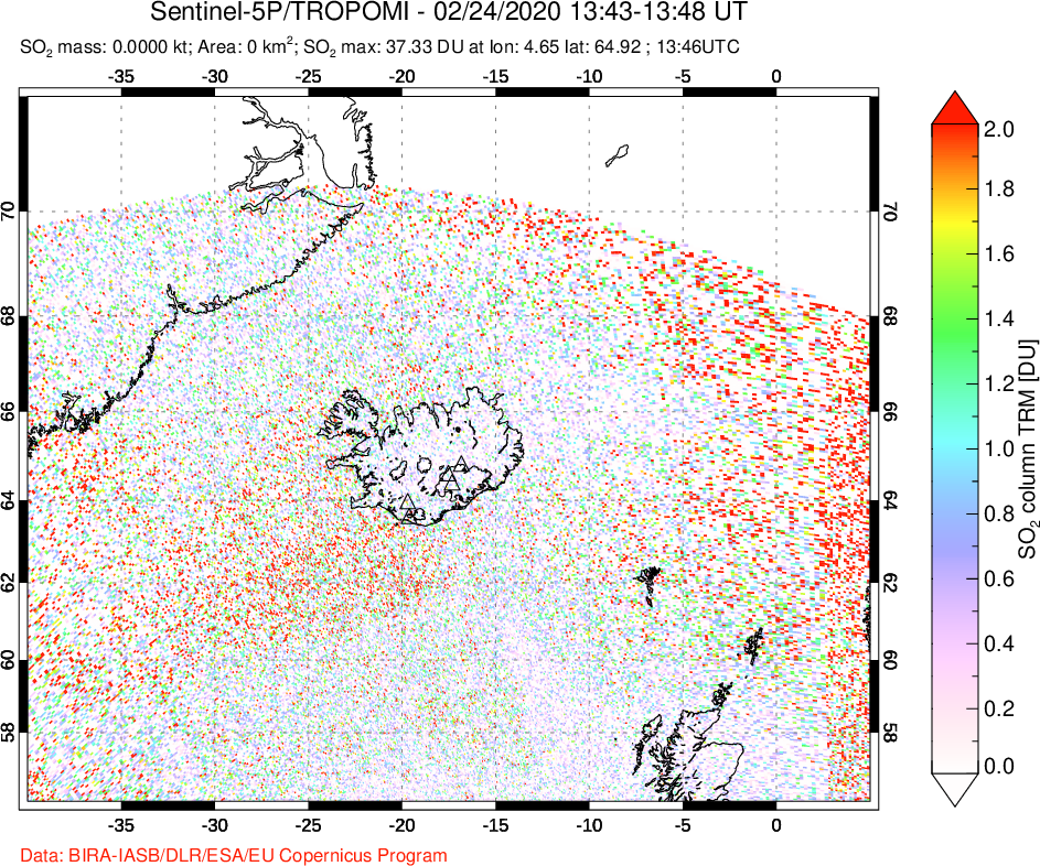 A sulfur dioxide image over Iceland on Feb 24, 2020.
