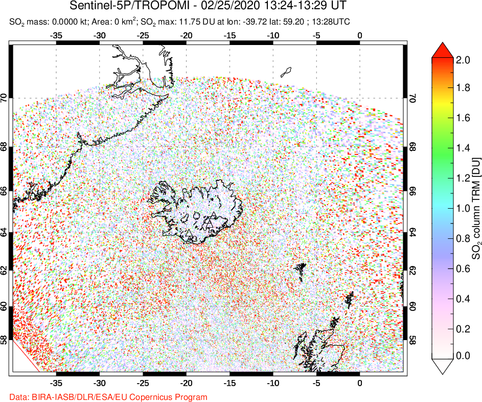 A sulfur dioxide image over Iceland on Feb 25, 2020.