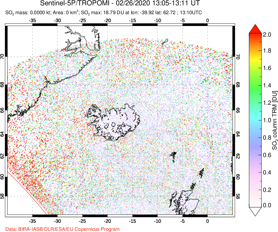 A sulfur dioxide image over Iceland on Feb 26, 2020.