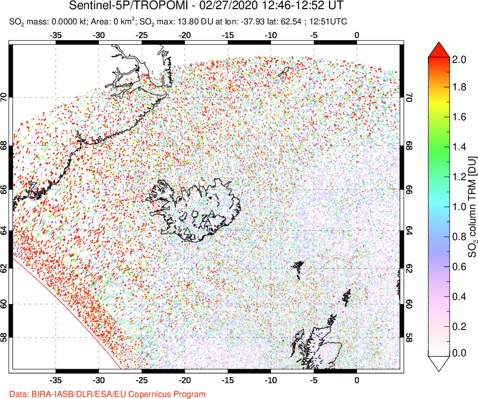 A sulfur dioxide image over Iceland on Feb 27, 2020.