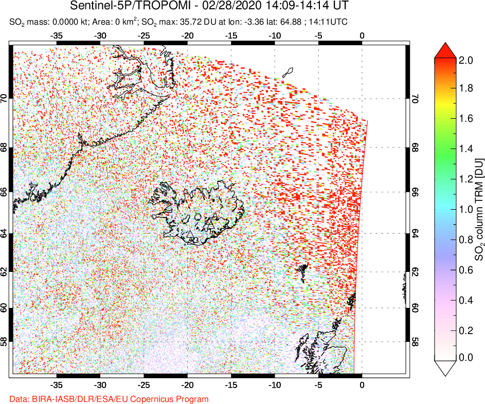 A sulfur dioxide image over Iceland on Feb 28, 2020.