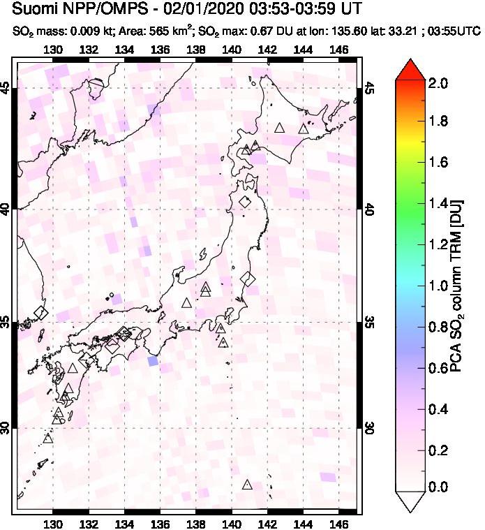 A sulfur dioxide image over Japan on Feb 01, 2020.