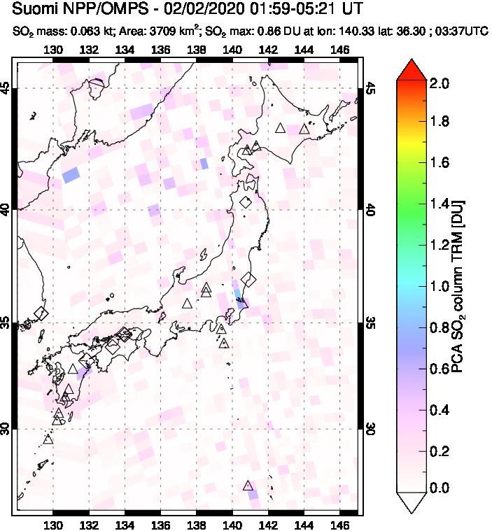 A sulfur dioxide image over Japan on Feb 02, 2020.