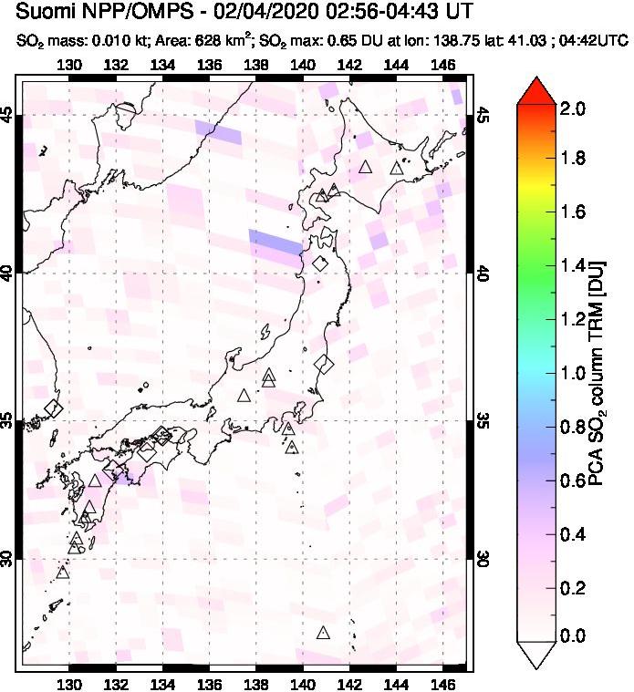 A sulfur dioxide image over Japan on Feb 04, 2020.