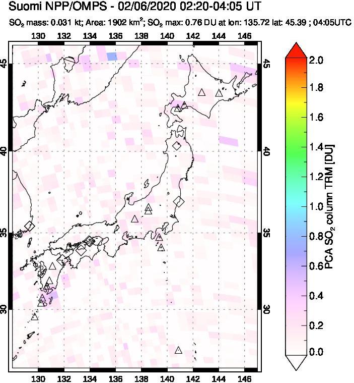 A sulfur dioxide image over Japan on Feb 06, 2020.