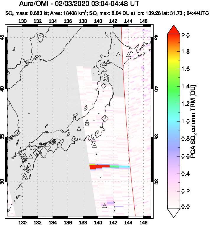 A sulfur dioxide image over Japan on Feb 03, 2020.
