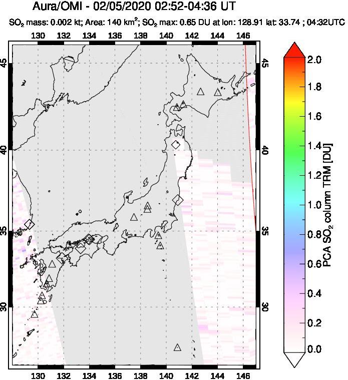 A sulfur dioxide image over Japan on Feb 05, 2020.