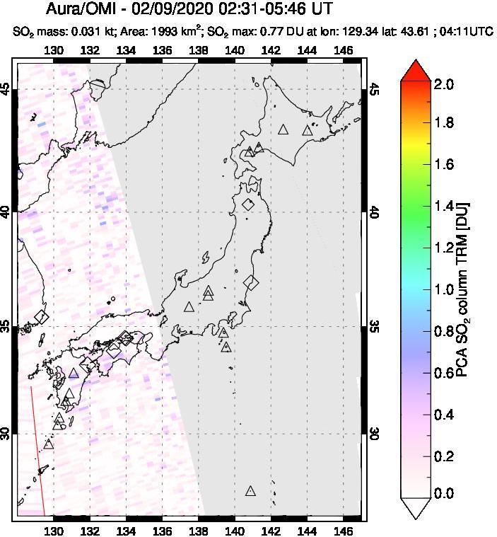 A sulfur dioxide image over Japan on Feb 09, 2020.