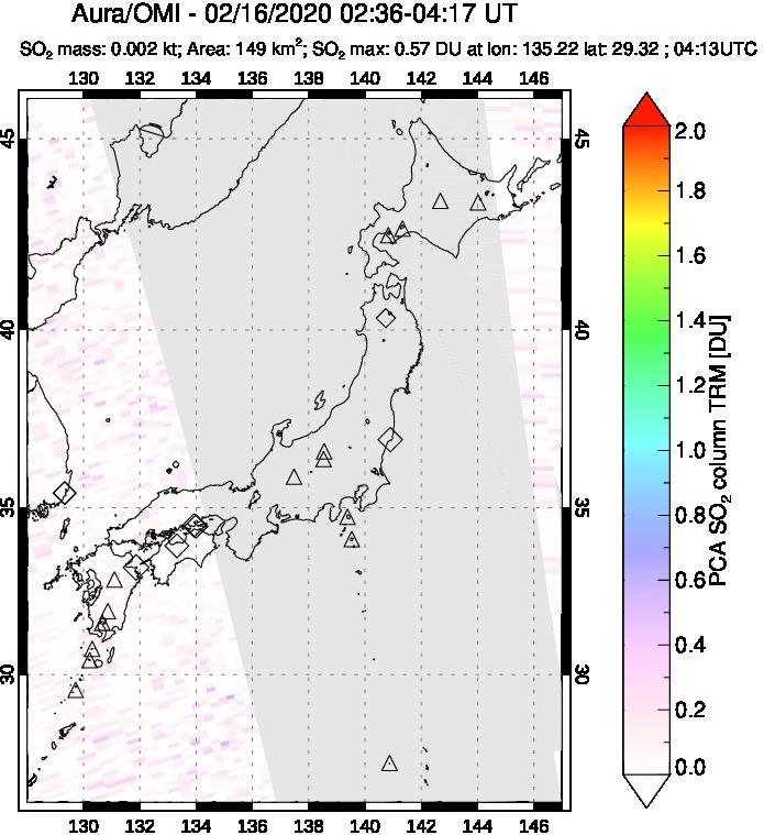 A sulfur dioxide image over Japan on Feb 16, 2020.