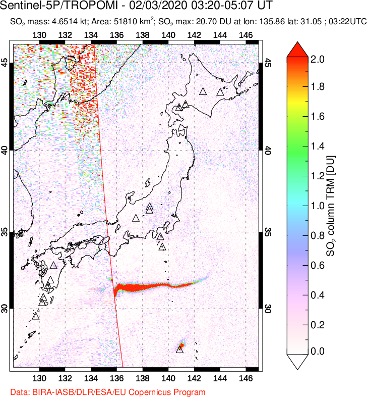 A sulfur dioxide image over Japan on Feb 03, 2020.