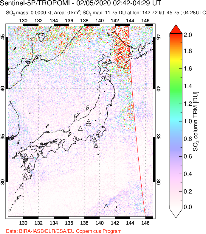 A sulfur dioxide image over Japan on Feb 05, 2020.
