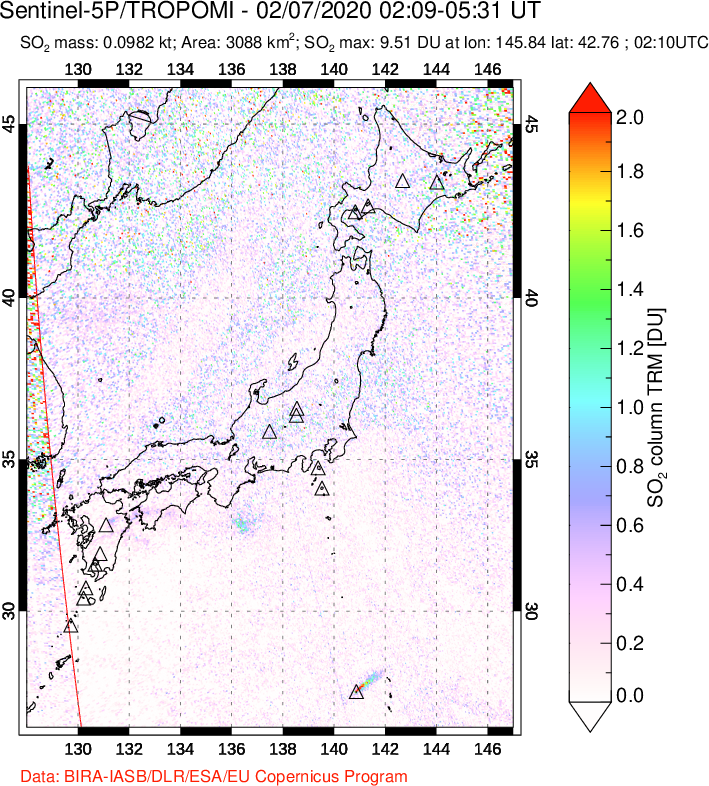 A sulfur dioxide image over Japan on Feb 07, 2020.
